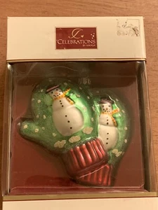 Celebrations By MIKASA Skurrile Weihnachten grüne Fäustlinge Schneemann Glas Ornament - Bild 1 von 3