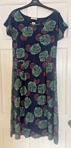 White Stuff Navy Blue Green Red Leaf Stretch Jersey Midi Dress Size 12 Pockets - Picture 1 of 6