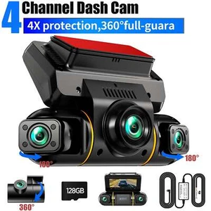 Cámara de tablero de 4 canales 1080P FHD 360° modo de estacionamiento 24 horas tarjeta de 128 GB de EE. UU. - Imagen 1 de 8