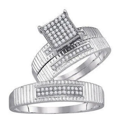 Sterling Silver His Hers Natural Diamond Square Matching Trio Wedding Set 1/5ct - Image 1 of 4