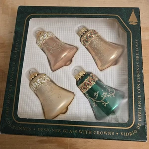 K Mart Blown Glass Bell Shaped Ornaments in Original Packaging Gold Green - Picture 1 of 4