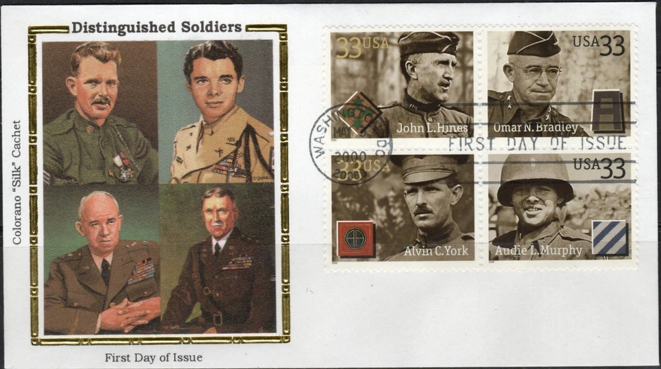 US Scott #3396a FDC, Block of 4,  "Distinguished Soldiers", Unaddressed - Image 1 of 1