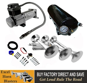 LOUD 152dB LOW-PITCH, 3-TRUMPET-AIR-HORN-KIT +1.5GL-TANK / 150PSI AIR-COMPRESSOR - Picture 1 of 5