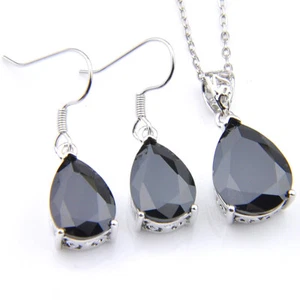 Drop Bright Fire Black Onyx Silver Dangle Earrings Pendant Necklace Jewelry Set - Picture 1 of 5