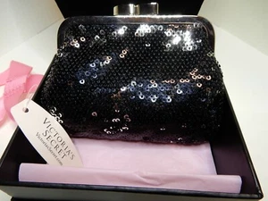 VICTORIA SECRET SMALL BLACK SEQUIN CLASP CLUTCH PURSE NEW IN BOX - Picture 1 of 10