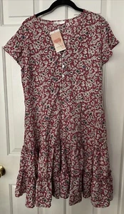  NWT Kirundo Short Sleeve Floral Dress Sz L Tiered Ruffled,Front Buttons and Tie - Picture 1 of 5