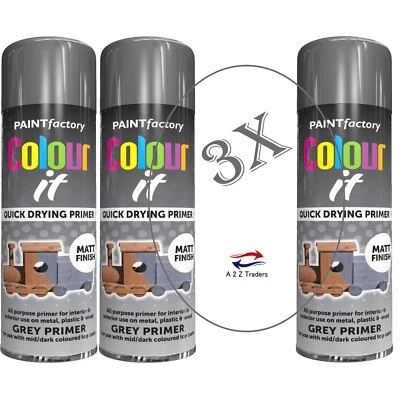 3x Spray Paint All Purpose Grey Primer DIY Matt Plastic Metal Wood Finish 250ml - Image 1 of 2