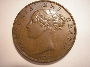 1858 British Penny, Queen Victoria, KM# 726, 8 over 7, UK - Picture 1 of 10