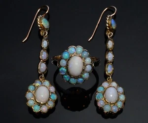 ANTIGUO JUEGO DE ANILLOS PENDIENTES VICTORIANOS ÓPALO ORO 9K C.1890 - Imagen 1 de 9