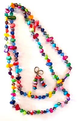 Coloridas PEPITAS CONCHA Cristal Facetado ATADO A MANO Collar Conjunto Bronce 45" Foto 1 de 4