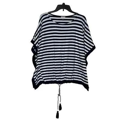 Talbots Women's Top Poncho Coverup Striped Cotton Tasseled White Black Small - Image 1 of 4