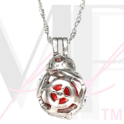 Star Wars Necklace Cage Pendant Red Pearl Inside Stainless Steel BB-8 Wave Chain - Image 1 of 4
