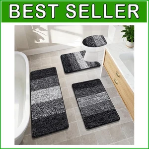 Black Bathroom Rug Set: 4-Piece Soft Absorbent Mats with Toilet Lid Cover - Picture 1 of 11