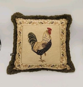 BORGATA Rooster Throw Pillow Beige Green Fringe 16x16” Double Sided Feather Fill - Picture 1 of 9