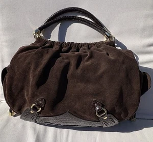 Cole Haan Large Suede Slouch Shoulder Bag Side Pockets Chocolate Brown Gold - Picture 1 of 19