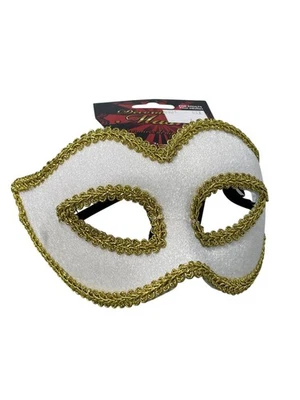 Venetian Decorative Mask Forum Novelties Elastic Strap White Gold Trim Party NEW - Image 1 of 4