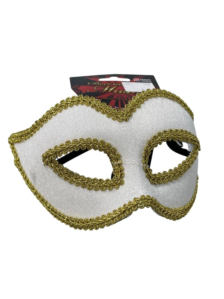 Venetian Decorative Mask Forum Novelties Elastic Strap White Gold Trim Party NEW - Image 1 of 4