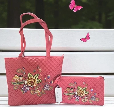 Vera Bradley 迪士尼小鹿斑比小号 Vera 珊瑚托特包和 RFID 腕带刺绣 — 第 1/4 张图片