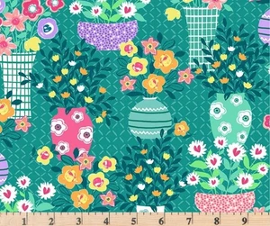 Colorful Cottage Teal Flower Centerpiece DCX9949-TEAL Cotton Fabric By half yard - Picture 1 of 1