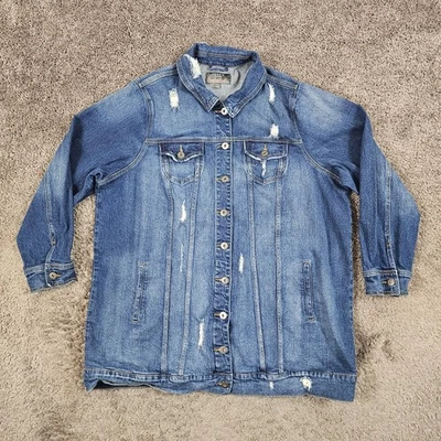 Chaqueta Torrid Mujer 4 Azul Denim Trucker Distressed Longline Boyfriend Elastizada Foto 1 de 4