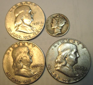 Medio dólar de plata Franklin 1953 P, 1954 S, 1958 P (3), + centavo * envío gratuito a Estados Unidos - Imagen 1 de 6