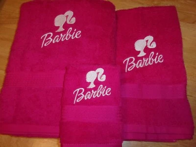 BARBIE Inspired Hot Pink Embroidered 3 Piece Bath & Hand Towel Washcloth Set - Image 1 of 4