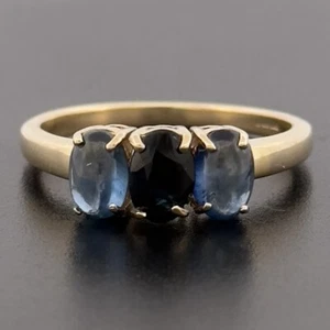 9ct Yellow Gold Sapphire Three Stone Ring Size N Hallmarked - Picture 1 of 8