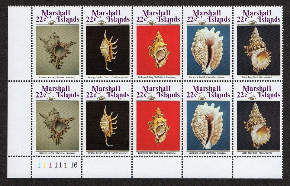 MARSHALL ISLANDS, SCOTT # 119-123, PLATE BLOCK OF MNH SEA SHELLS, SEASHELLS 1986 - Image 1 of 1