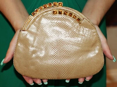 BOLSO DE MANO Judith Leiber SERPIENTE DE AGUA KARUNG LAGARTO Bolso Bronceado Ojo de Tigre Cartera BOLSO DE MANO Foto 1 de 4