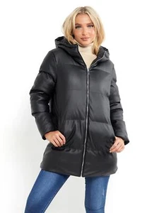 Womens Parka Coat Jacket Winter Padded PU Faux Leather Black Size 10 14 12 8 16 - Picture 1 of 6
