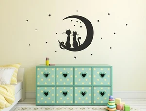 Katzen Mond und Sterne Wandkunstaufkleber, Kinderzimmer Wandkunst, Kinderzimmer Wandsticker - Bild 1 von 8