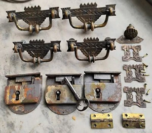 Antique Eastlake Victorian Brass Hardware Set for Wash Stand Pulls, Locks, Key - Picture 1 of 8