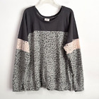 Knox Rose Knit Top XL Soft Gray Leopard Print Mixed Media Long Sleeve Thermal
