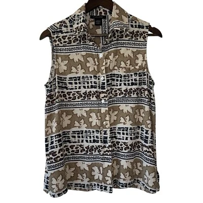 复古 Silkland 100% 真丝动物印花无袖衬衫游牧野生动物园时尚 M 码 — 第 1/4 张图片
