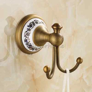 Antique Brass Bathroom Dual Towel Hook Wall Mounted Coat Clothes Hanger Hat Rack - Picture 1 of 3