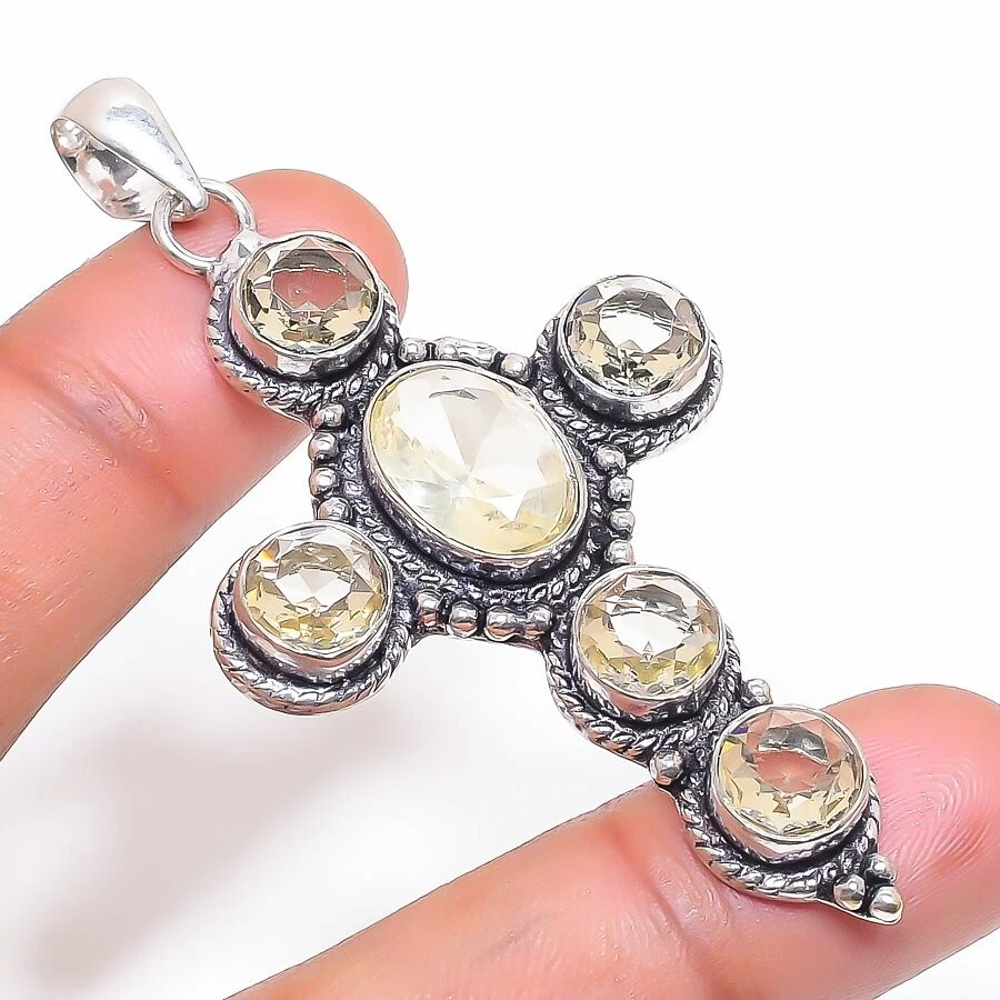 Colgante de joyería de plata de ley 925 hecho a mano con piedras preciosas de cuarzo limón tamaño 2,7" Foto 1 de 1