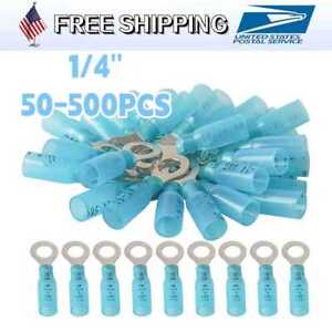500-50PCS Heat Shrink Ring Terminals 1/4" Eyelet Wire Connectors Blue 16-14 AWG