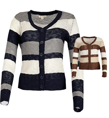 Cárdigan suéter tejido abierto manga larga cuello en V a rayas S ~ L Foto 1 de 2