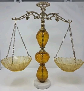 "Scales Of Justice" With Marble Base, Ornate Brass, And Amber Glass Vintage  - Picture 1 of 13