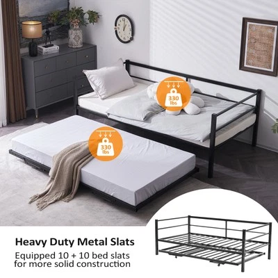 Metal Twin Bed Daybed with Trundle Bed Twin Sofa Bed Frame for Kids Teens Adults - Image 1 of 4