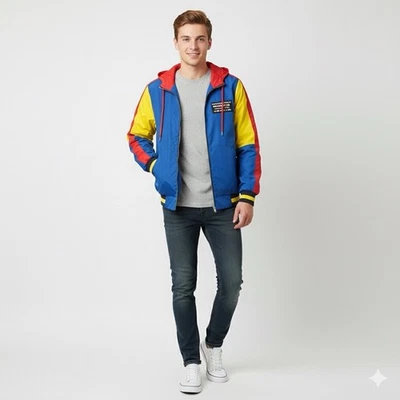 Forever 21 Mens Sz XL Blue Red Yellow Hooded Full Zip Color Block Patch Jacket - Image 1 of 4