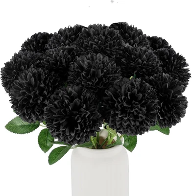 12 peças flores de crisântemos artificiais bola flor, mães falsas flores preto Si - Imagem 1 de 4