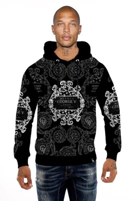 Avenue George V Paris Hombre Mangas Largas Negro Sudadera con Capucha Negro/Blanco GV Estrás Foto 1 de 3