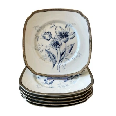 6 Charter Club Fashion Buffet Platinum Blue Floral Salad Plates 8.5in for Macy's Foto 1 de 4
