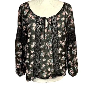 Derek Heart Blouse Womens M Black Wallpaper Floral Peasant Lace Cottagecore VTG - Picture 1 of 10