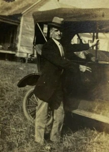 Man In Long Coat & Hat Standing By Car B&W Photograph 2.5 x 3.5 - Picture 1 of 3