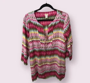 Rosa Huhn Damen Baumwolle bunte Prints V-Ausschnitt Bindeband 3/4 Ärmel Tunika Größe M - Bild 1 von 12