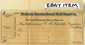 1907 Cheque bancario Mexican International Rail Road Co. Ciudad Porfirio Díaz México - Imagen 1 de 1