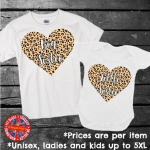 Leopard Print Heart Big Sister Little Sister T-shirt Siblings Gift Ladies Kids - Picture 1 of 1