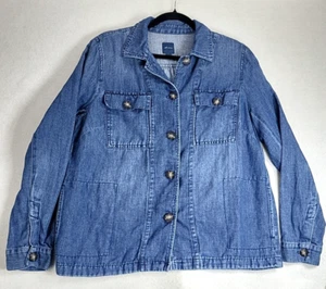 J Jill Denim Button Shirt Jacket Linen Women's Size Medium Chore Casual Jean - Picture 1 of 10